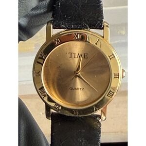 TIME Quartz Gold Tone Analog Wristwatch with Black Leather Strap Classic Style